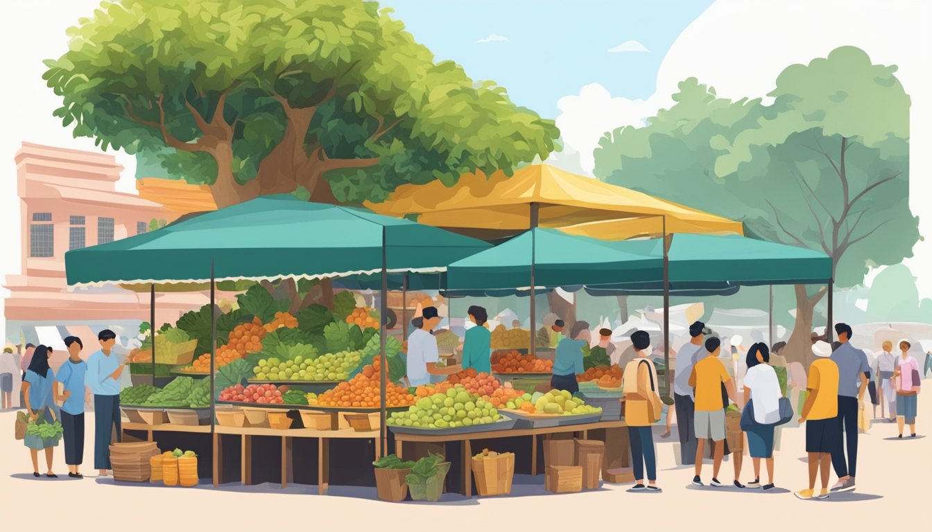 A bustling market stall with vibrant fig trees on display, surrounded by curious customers in Singapore