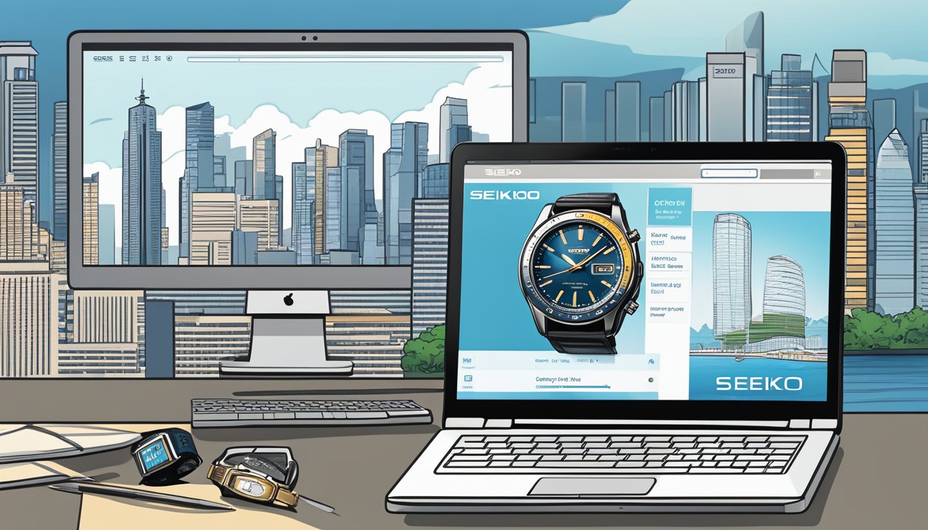 A laptop displaying Seiko watches on a website, with a Singaporean skyline in the background