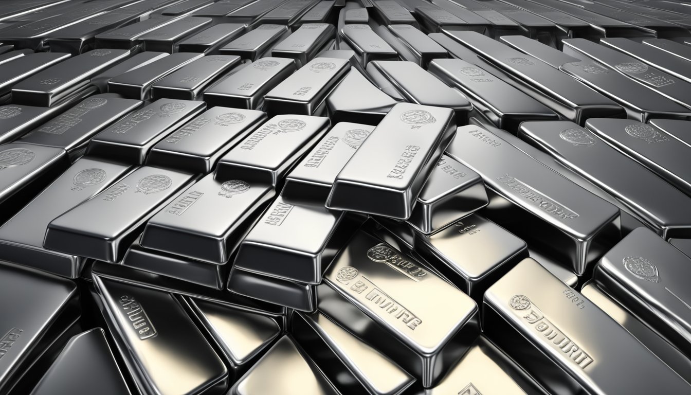 A stack of silver bullion bars gleams in a secure vault in Singapore. Light filters through the metal bars, casting dramatic shadows