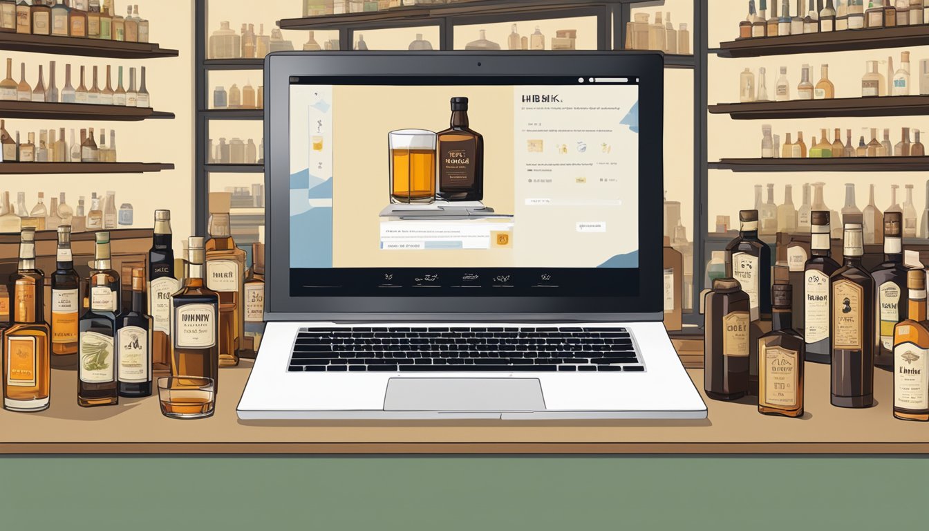 A computer screen displaying an online whiskey store with a bottle of Hibiki whiskey and a "buy now" button