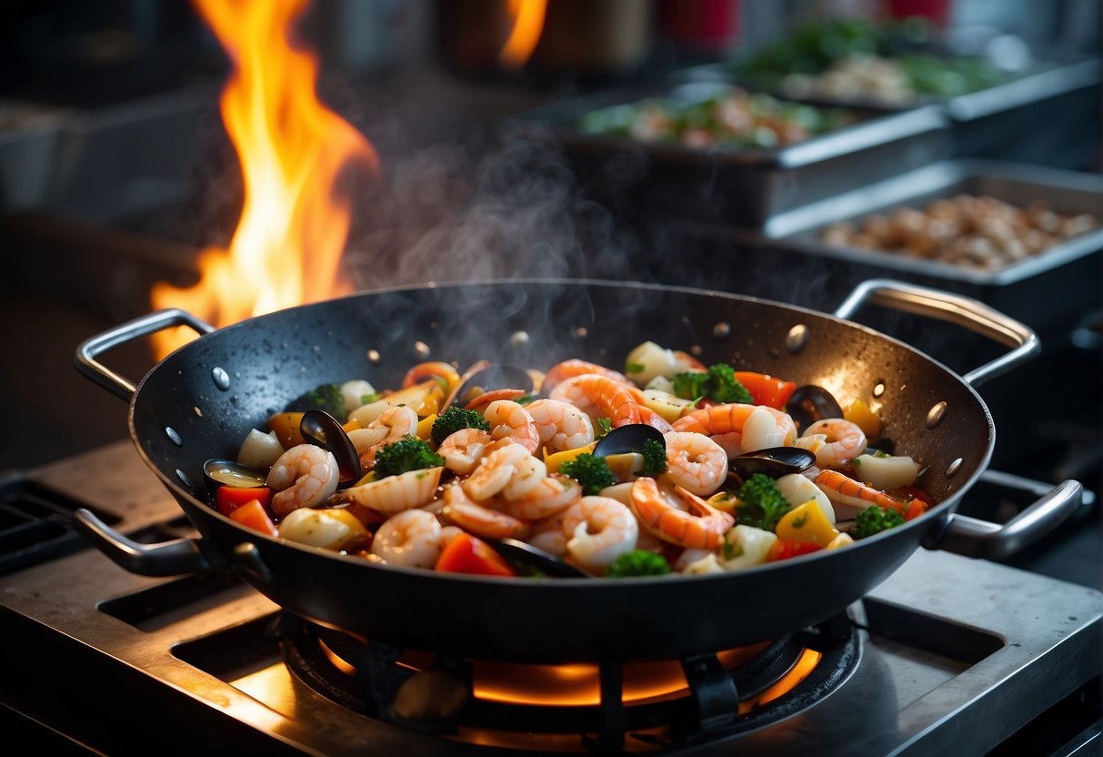 A wok sizzles with a colorful array of mixed seafood, stir-frying in a fragrant Chinese sauce. The steam rises as the ingredients are tossed together, creating a mouthwatering aroma