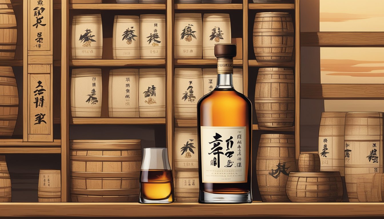 A bottle of Hibiki Whisky sits on a wooden shelf, bathed in warm light, with a backdrop of stacked barrels and traditional Japanese artwork