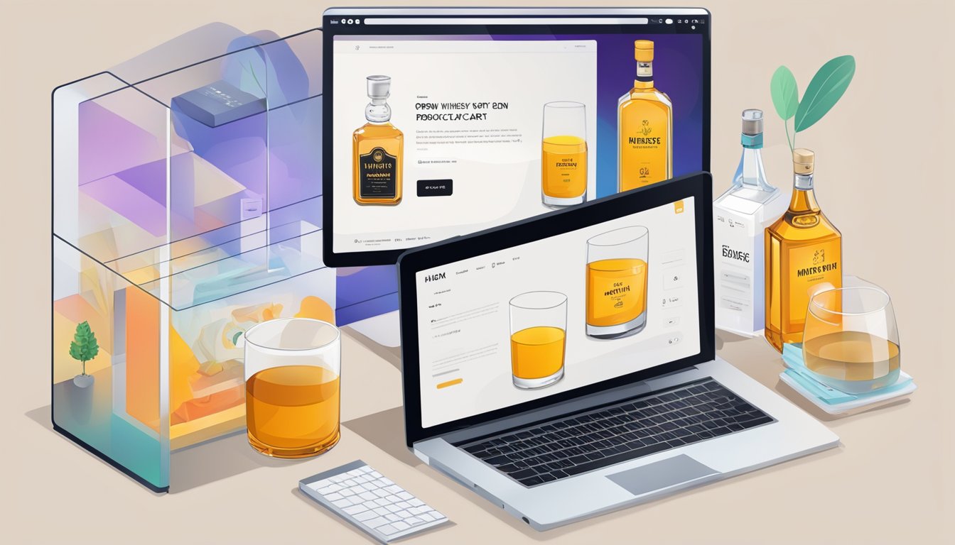 A computer screen displaying an online shopping website with the Hibiki whiskey product page open, a cursor hovering over the "Add to Cart" button