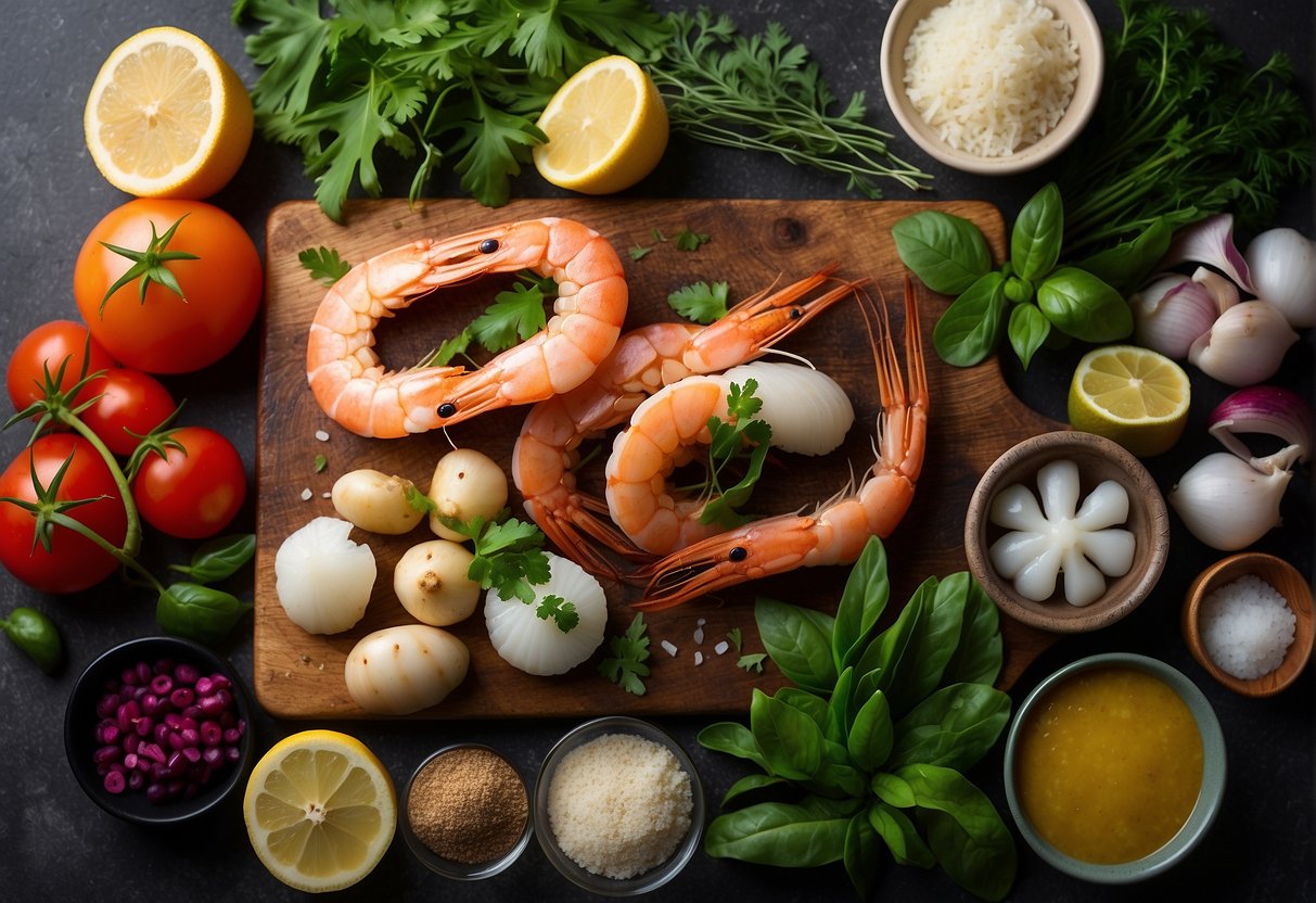 A variety of fresh seafood, including shrimp, scallops, and squid, are laid out on a clean, white cutting board surrounded by vibrant green herbs and colorful spices