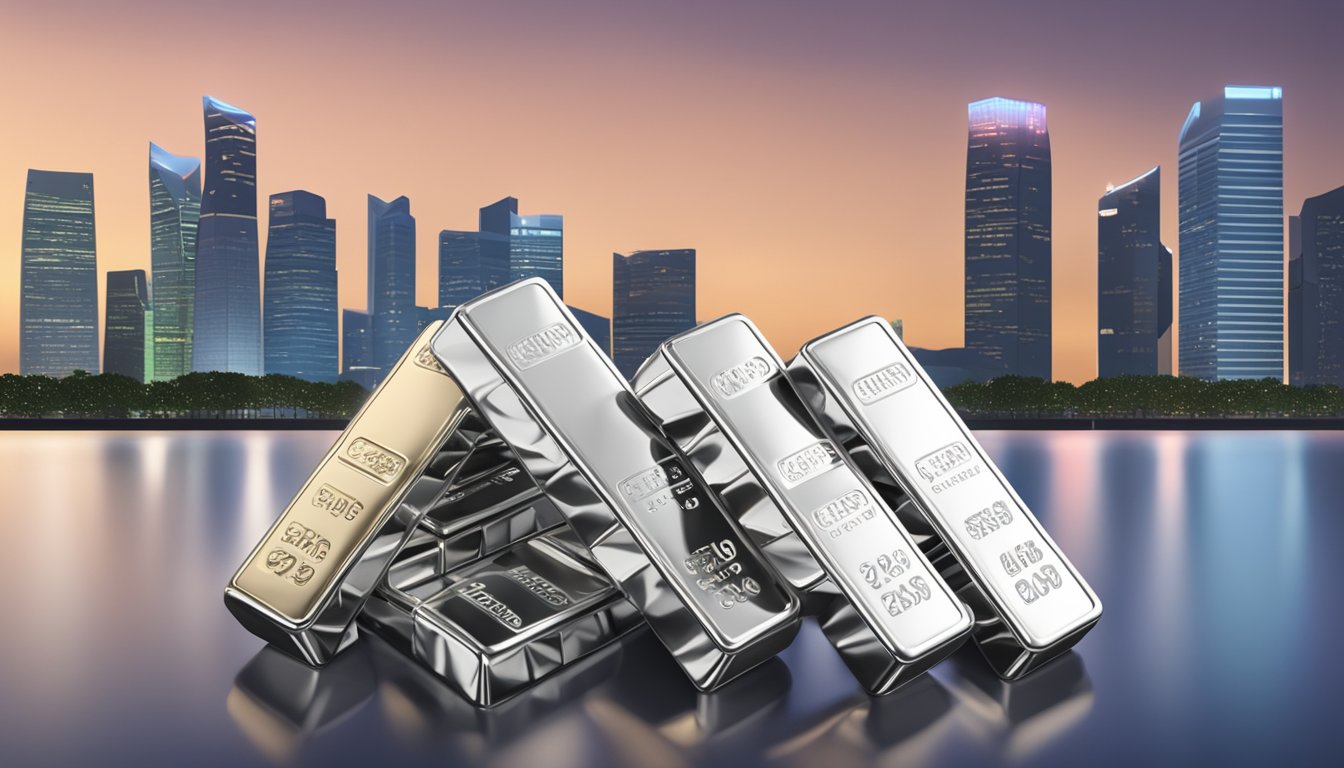 A stack of silver bullion bars with a "Frequently Asked Questions" sign in the background, set against a backdrop of the Singapore skyline