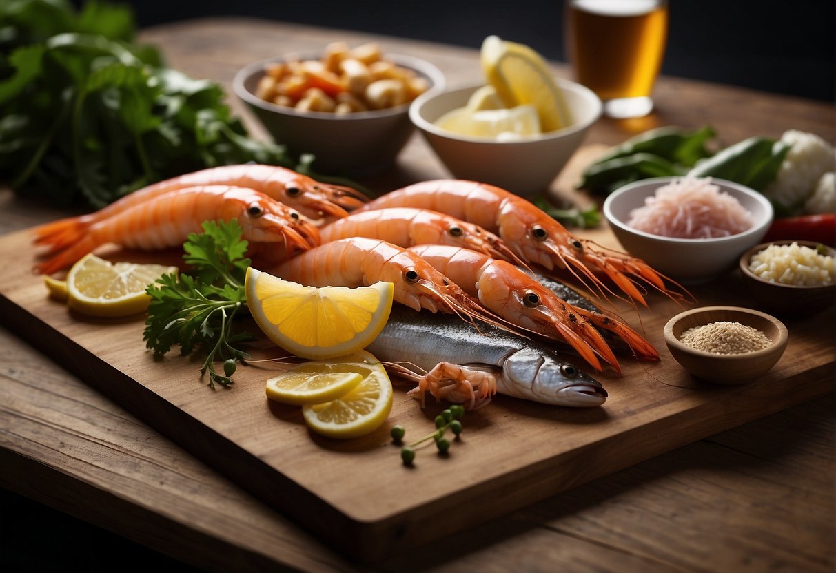 A variety of fresh seafood, including shrimp, squid, and fish, are laid out on a clean cutting board. A chef's knife and various seasonings are arranged nearby