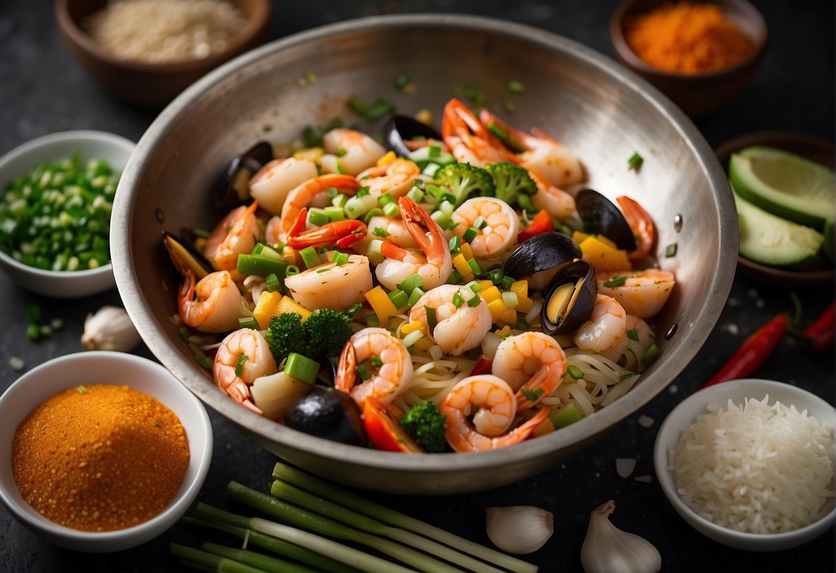 A wok sizzles with a colorful array of mixed seafood and Chinese spices, surrounded by essential ingredients like ginger, garlic, and scallions