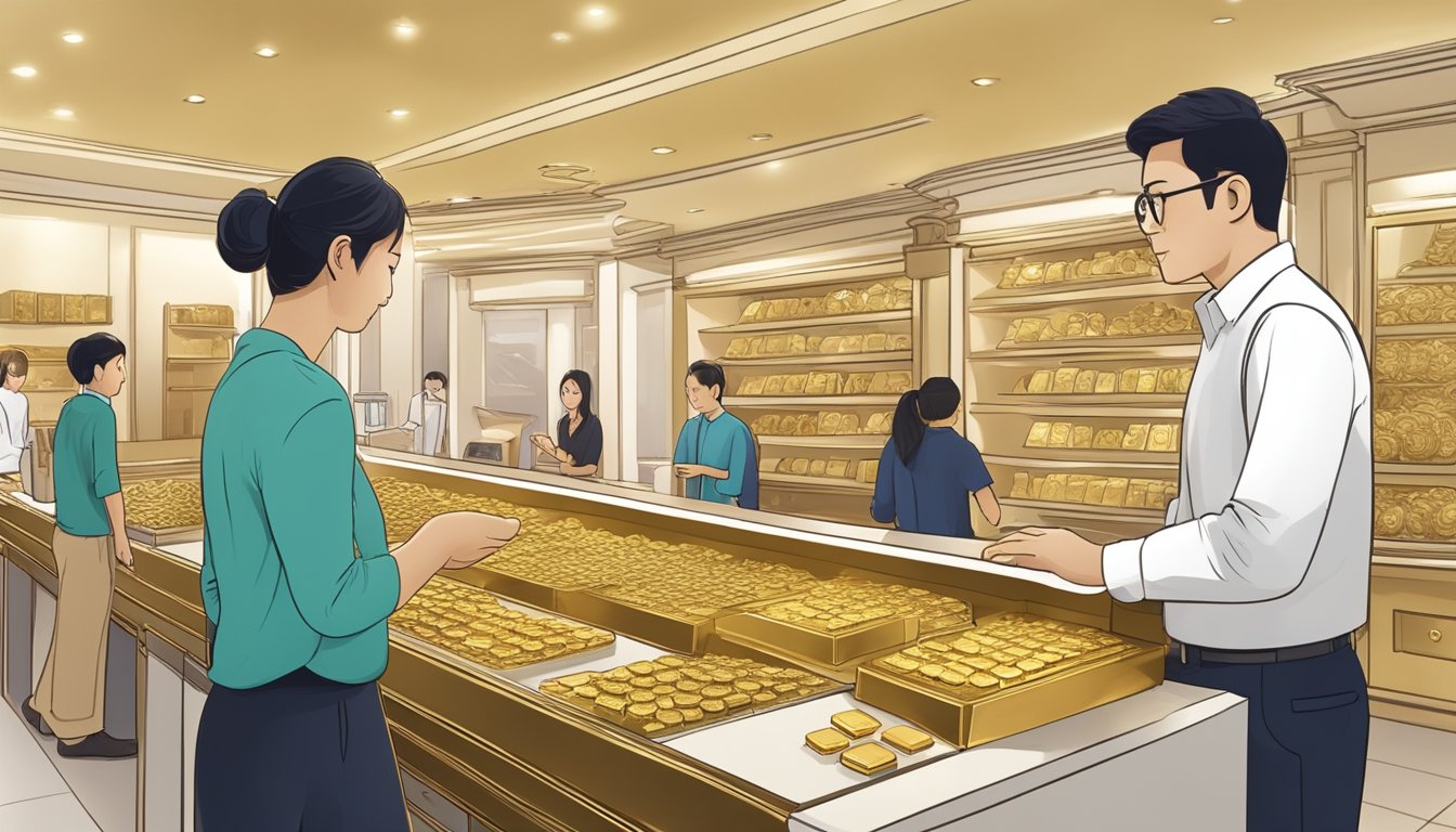 A customer walks into a reputable gold shop in Singapore. They approach the counter and engage in a conversation with the staff about purchasing physical gold. The staff presents various gold bars and coins for the customer to inspect and choose from