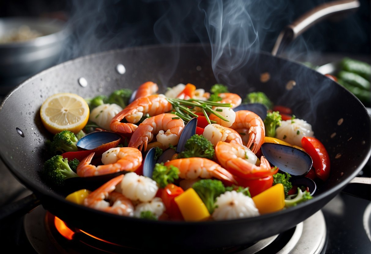 Seafood sizzling in a wok, surrounded by colorful vegetables and aromatic spices, as steam rises from the sizzling mixture