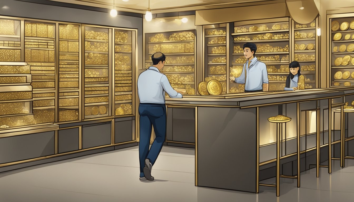 A person walks into a reputable gold dealer in Singapore. They browse various physical gold options, including bars and coins. The dealer explains the purchasing process and security measures