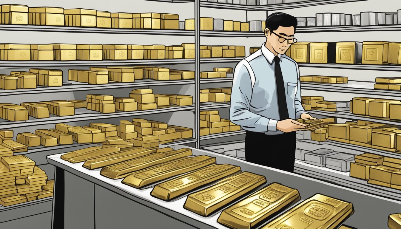 A customer examines gold bars at a Singaporean bullion dealer. Prices are displayed, and staff advise on purity and storage options