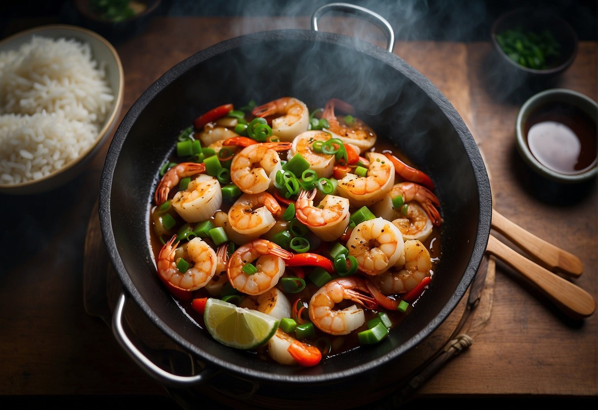A wok sizzles with a medley of shrimp, scallops, and squid, stir-fried with ginger, garlic, and soy sauce. Green onions and red chili peppers add color and heat to the aromatic dish