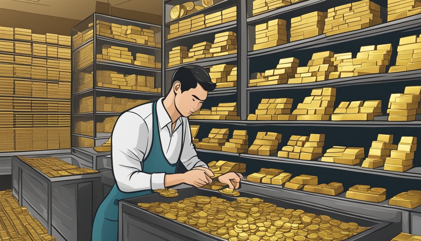 A customer browsing through a variety of gold bars and coins at a reputable gold dealer's shop in Singapore