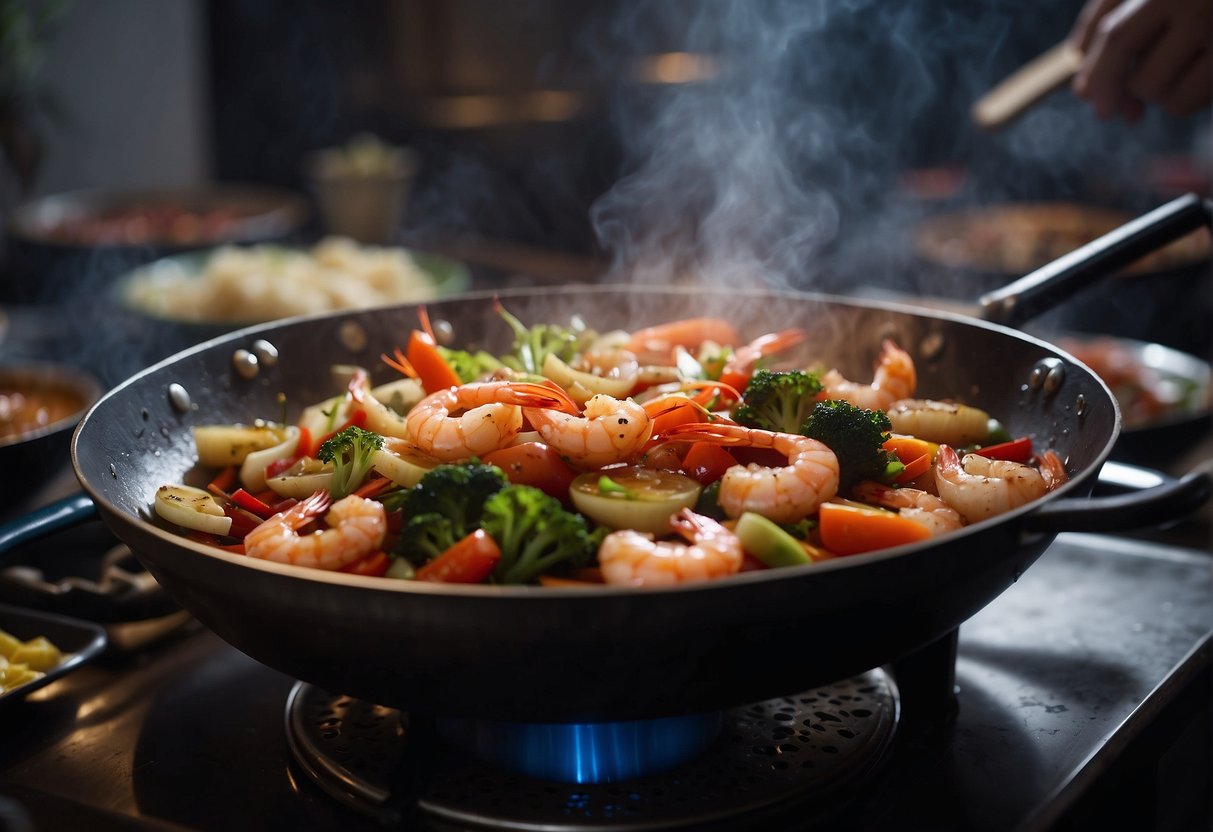 A sizzling wok tosses a colorful mix of shrimp, squid, and fish with vibrant vegetables and aromatic spices in a bustling Chinese kitchen
