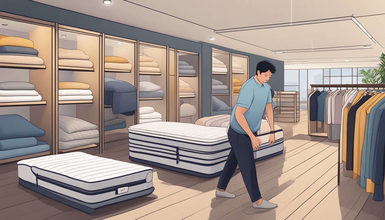 A customer browsing through a variety of foldable mattresses in a cozy, well-lit showroom in Singapore