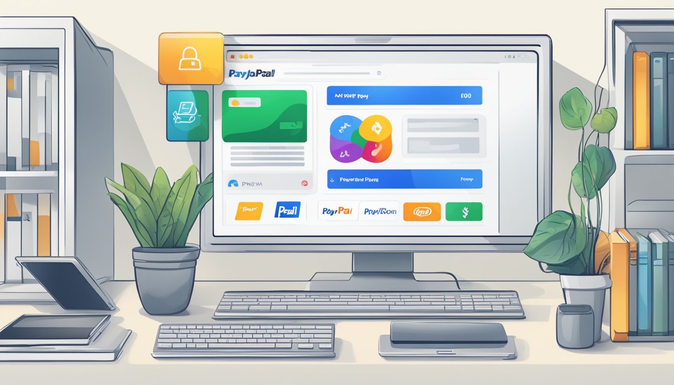 A computer screen displaying various payment options such as PayPal, Apple Pay, and Google Pay with a "Buy Now" button highlighted