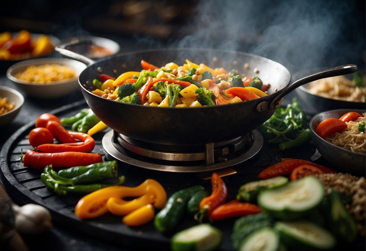 A wok sizzles as mixed vegetables are stir-fried with Chinese spices, creating a fragrant and colorful curry