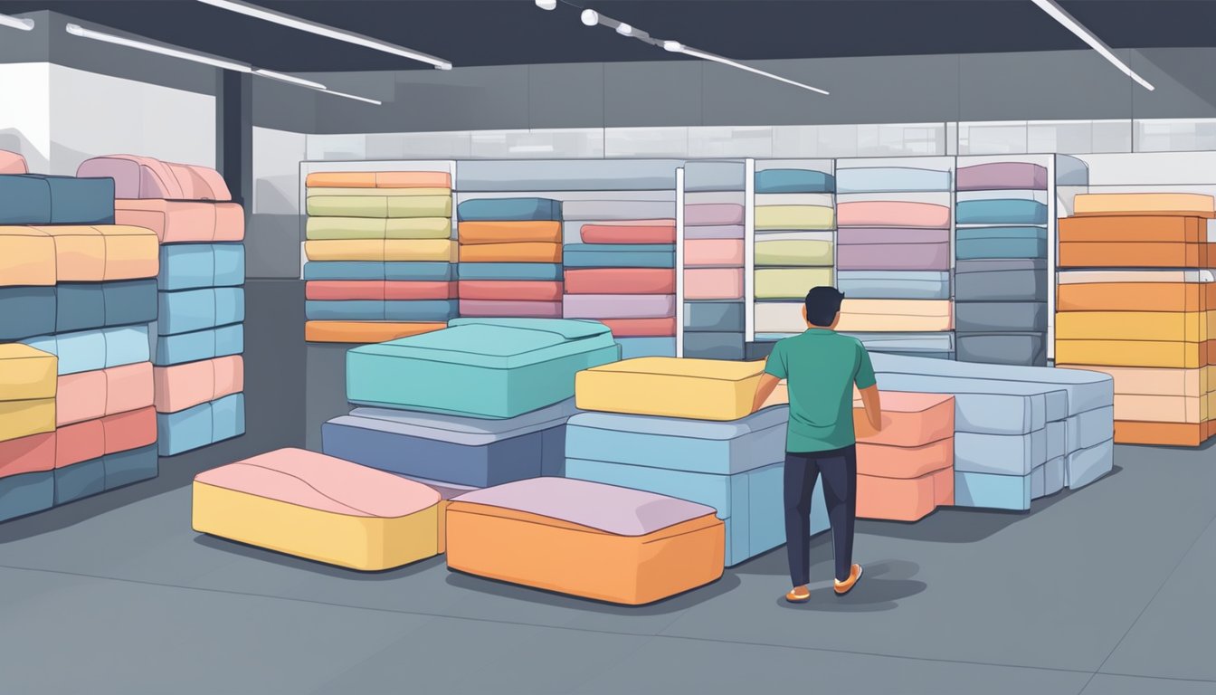 A customer browsing through various foldable mattresses in a Singaporean furniture store, comparing sizes and materials