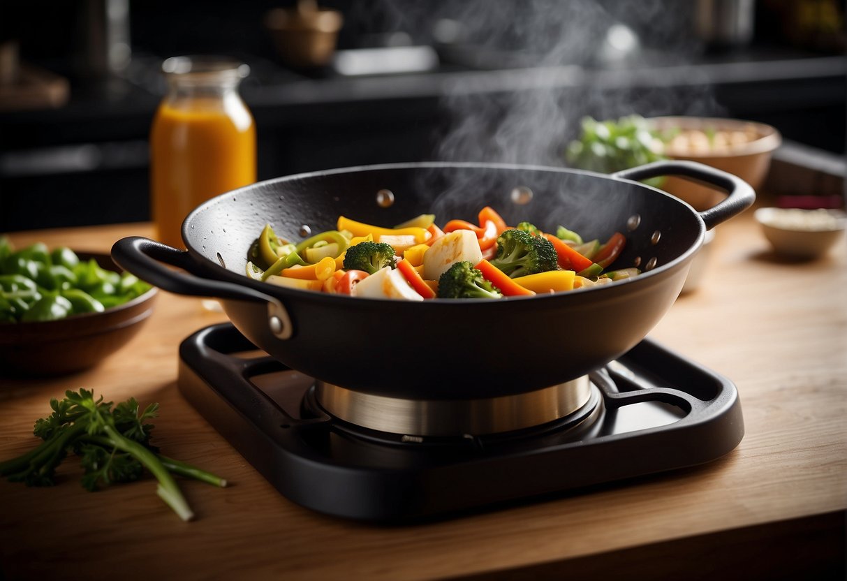 A wok sizzles with mixed vegetables, simmering in a fragrant Chinese curry sauce. Ingredients like ginger, garlic, and soy sauce sit nearby