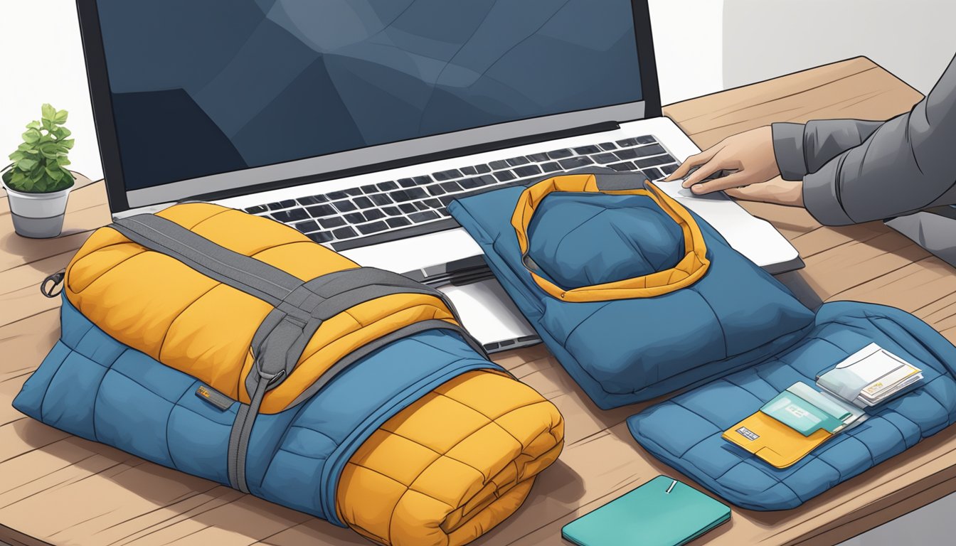 A person selects a sleeping bag from a variety of options displayed on a website, with a laptop and credit card nearby