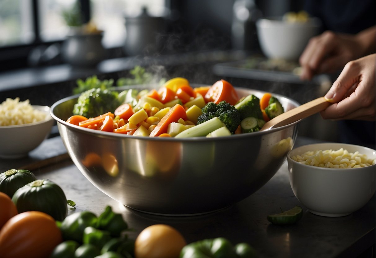 A variety of fresh vegetables are being washed, chopped, and mixed in a large bowl, ready to be cooked into a flavorful Chinese vegetable curry