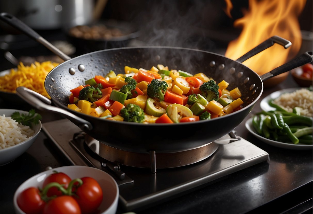 A wok sizzles with colorful vegetables and aromatic spices, as a chef skillfully tosses and stirs the ingredients to create a flavorful Chinese mixed vegetable curry