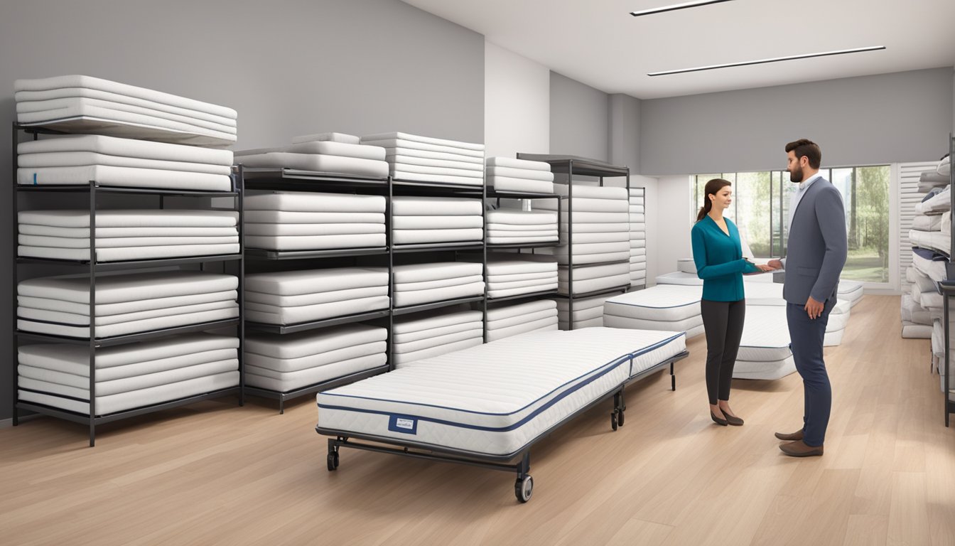 A bright and spacious showroom with rows of neatly stacked foldable mattresses in various sizes and colors. A friendly salesperson assists a customer in testing out the mattresses for comfort and convenience