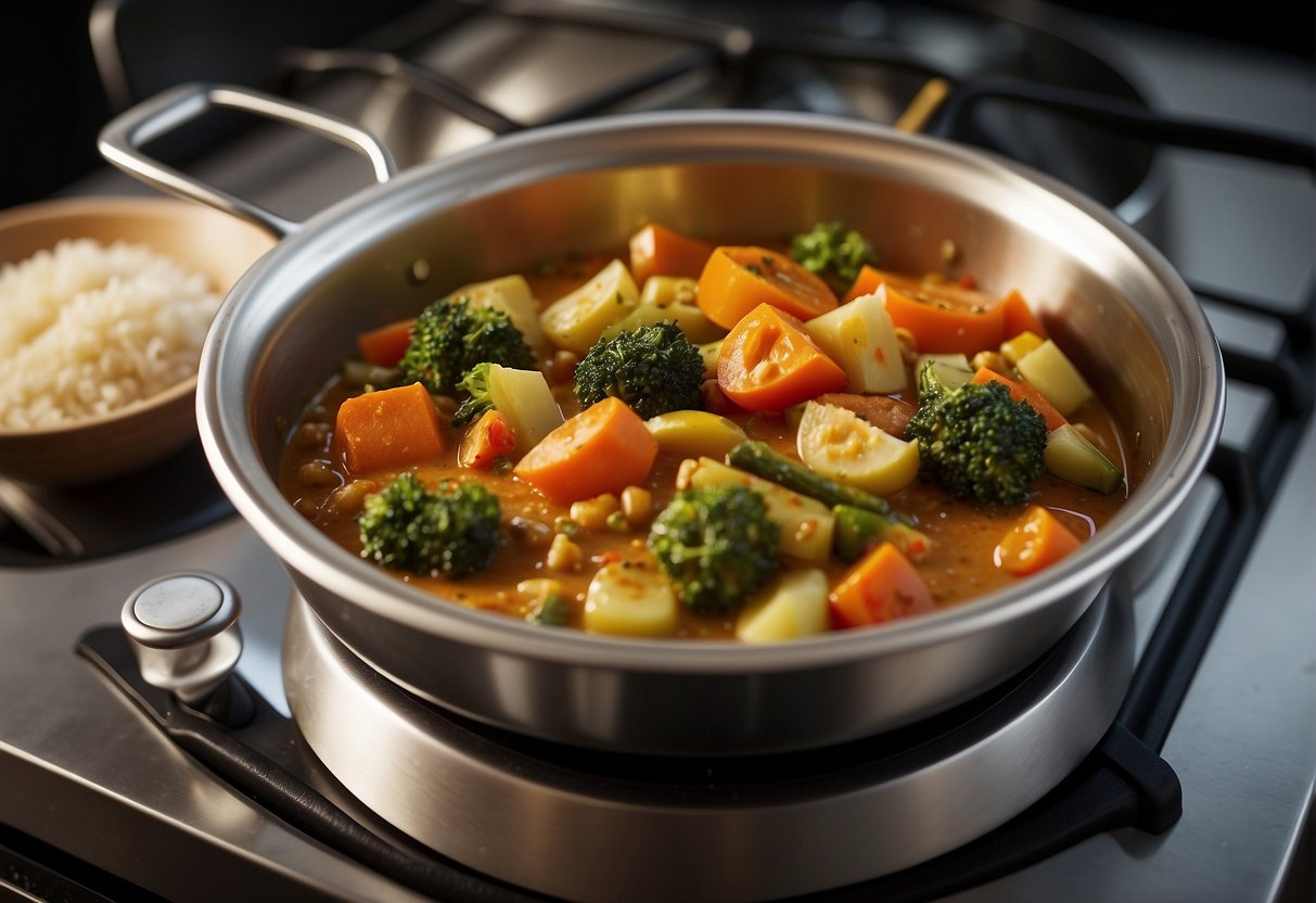 A pot of mixed vegetable curry sits on a stovetop. A microwave nearby is reheating a portion in a bowl
