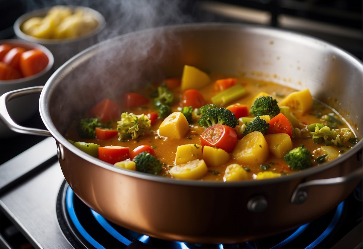 A steaming pot of mixed vegetable curry simmers on a stove, with a variety of colorful veggies and aromatic spices blending together
