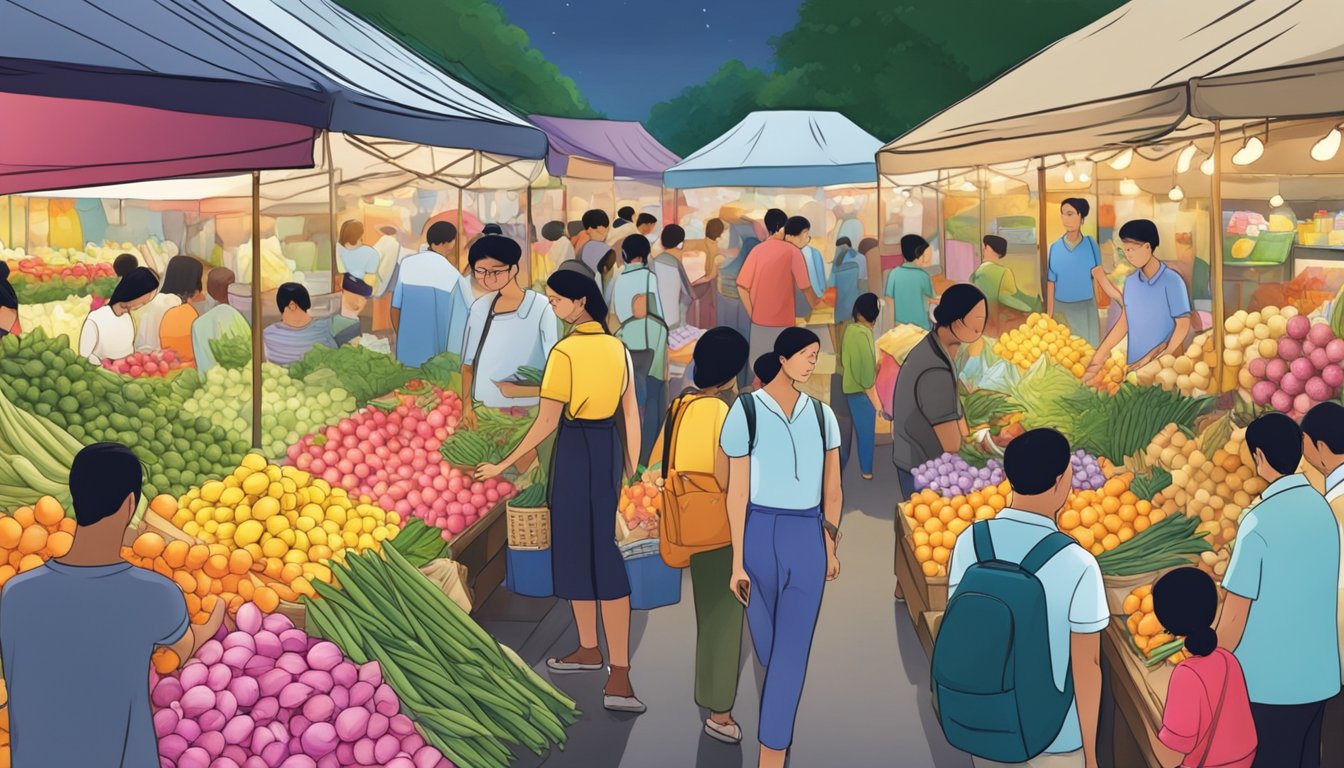 A bustling outdoor market in Singapore, with vibrant stalls selling fresh lily bulbs. Customers eagerly inspect the bulbs, while sellers proudly display their colorful and fragrant offerings