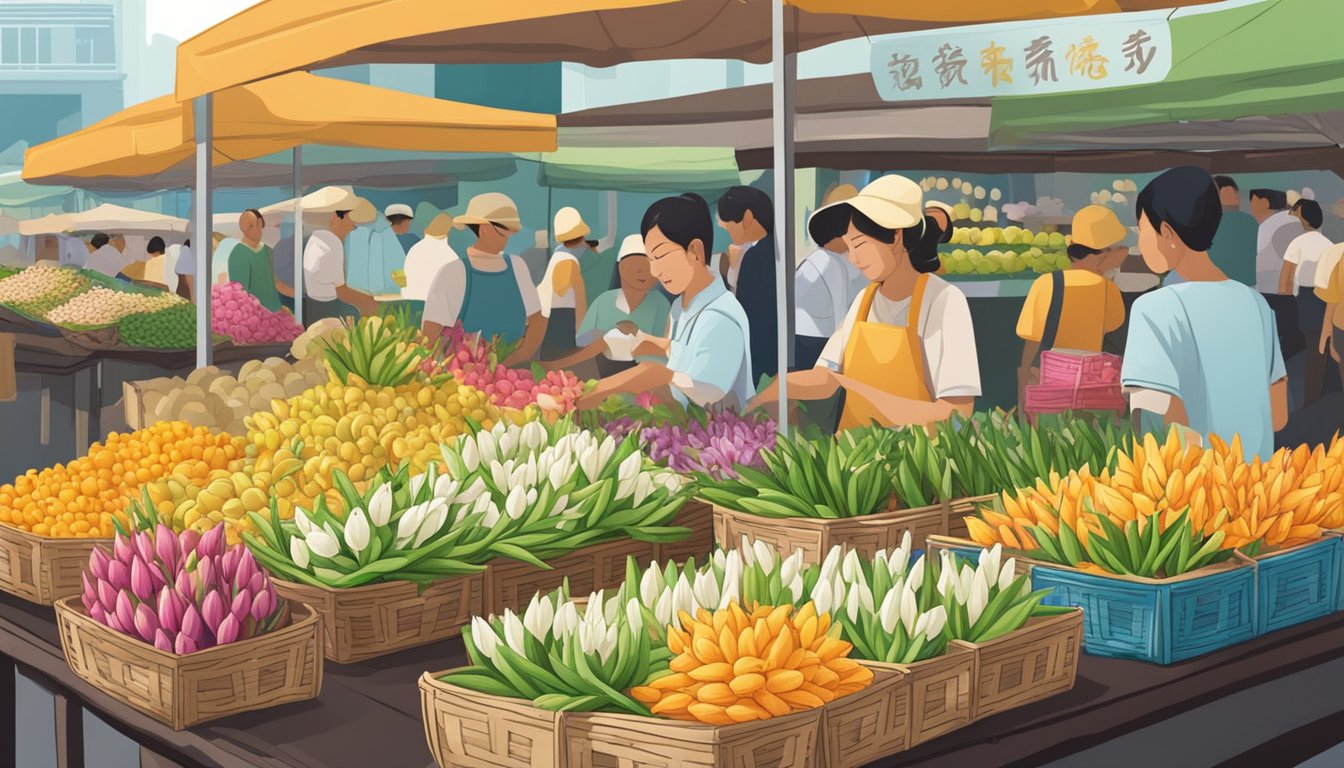 A bustling Singapore market stall displays a vibrant array of fresh lily bulbs, neatly arranged in baskets, with a sign advertising their availability