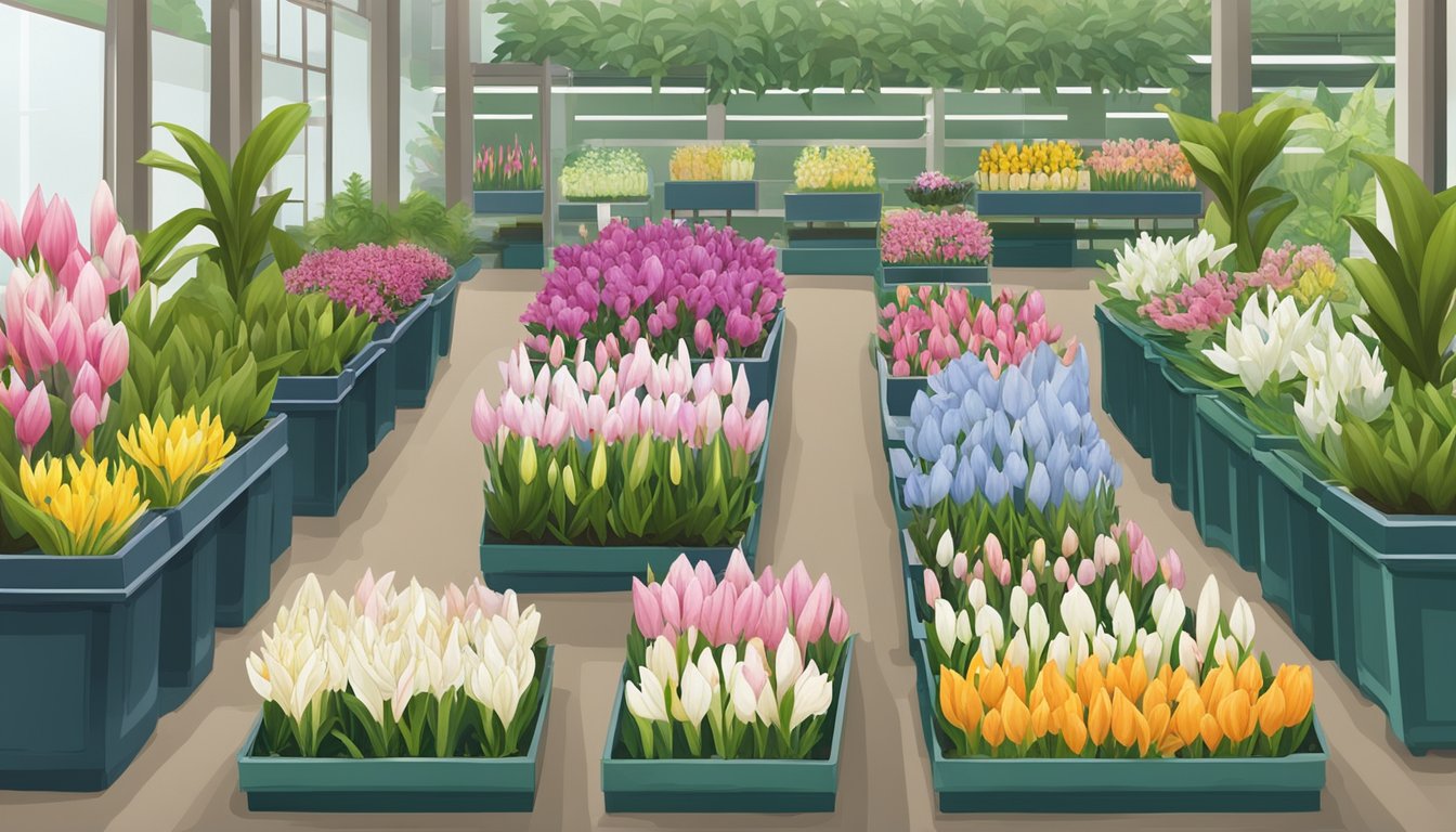 A garden center display of various lily bulbs in Singapore, with clear signage indicating different types and their specific uses