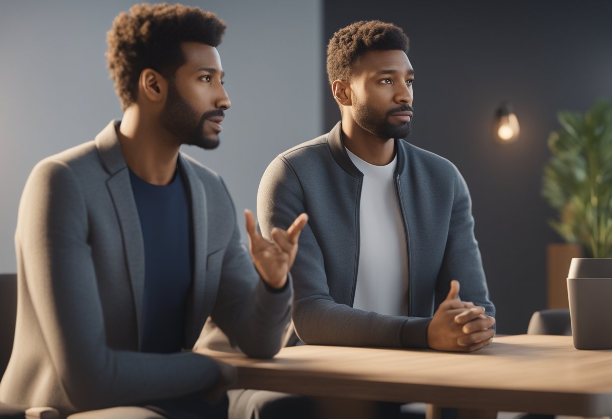 Two people talking, one looking confused, the other gesturing emphatically