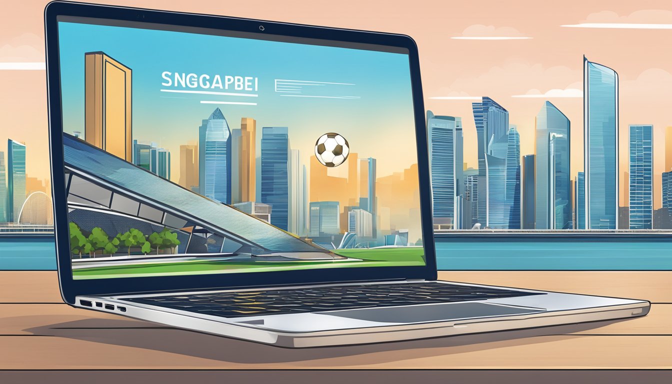 A laptop displaying an online soccer boot store with the Singapore skyline in the background