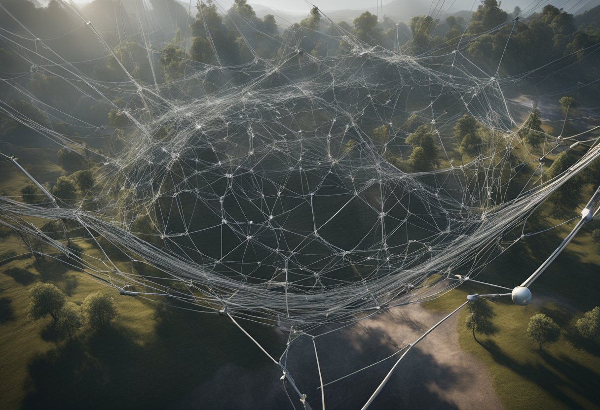 A tangled web of crossed wires and broken communication strewn across a chaotic landscape