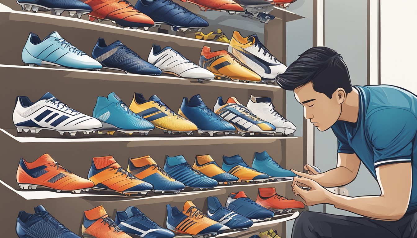 A player carefully selects football boots from a wide range of options, considering the specific demands of Singapore's pitches