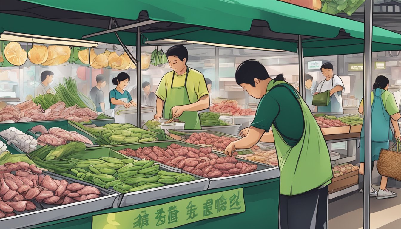 A bustling market stall in Singapore displaying fresh frog meat for sale
