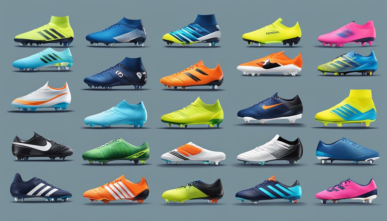 A display of top football boots in a Singaporean online store. Various brands and styles showcased
