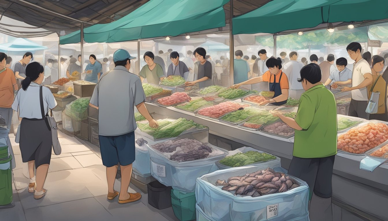 Frog meat displayed on ice in a local Singapore market, with vendors and customers bustling around