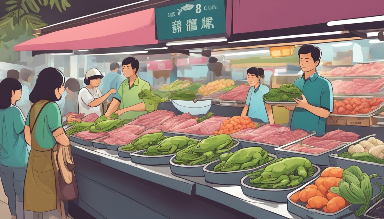 Customers browsing fresh frog meat at a local market in Singapore. Vendors display various cuts and offer tips for selecting and purchasing