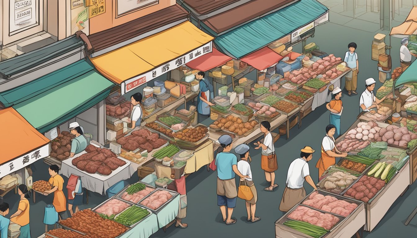A bustling marketplace with vendors selling various meats, including frog, in Singapore. Signs and banners advertising "frog meat for sale" are prominently displayed