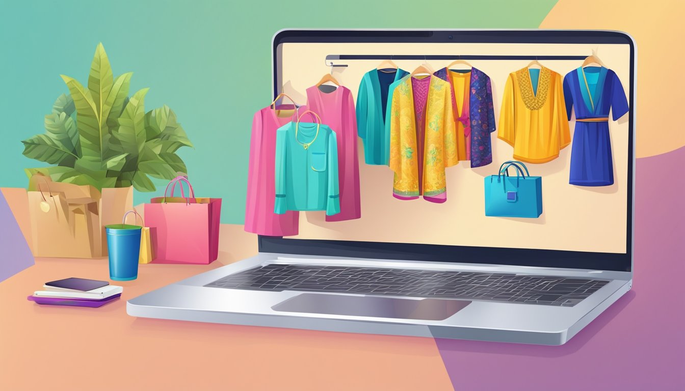 A laptop displaying an online shopping website with a variety of colorful kaftans. A cursor hovers over the "buy" button