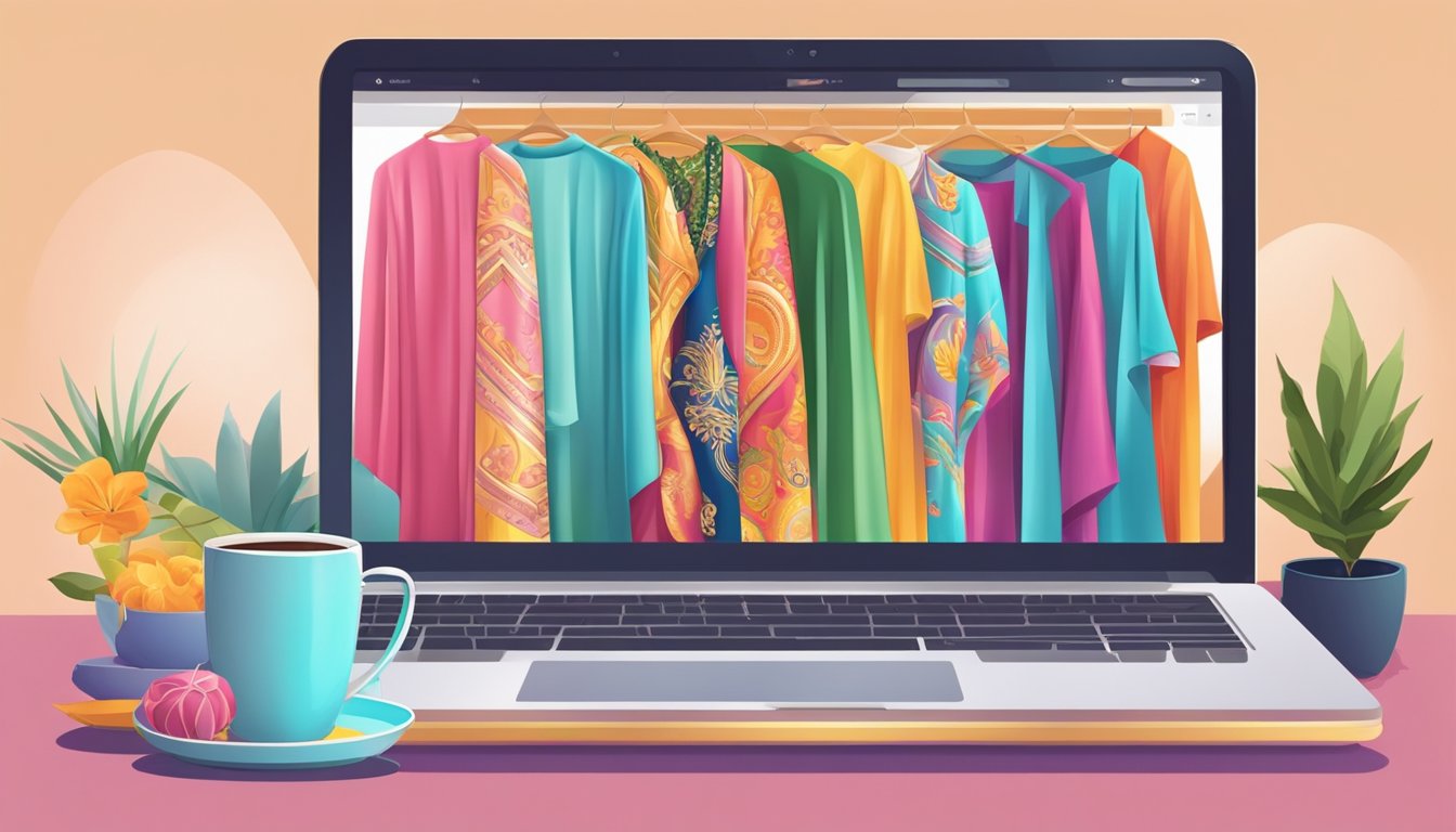 A laptop displaying various colorful kaftans on an online shopping website, with a credit card and a cup of coffee nearby