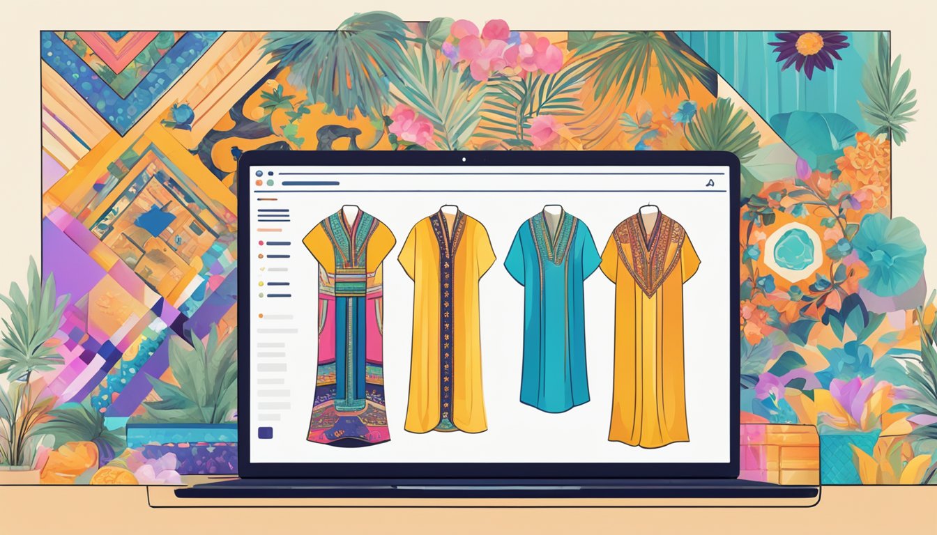 A laptop with a colorful kaftan website open on the screen, surrounded by various kaftan designs and a "Frequently Asked Questions" section highlighted