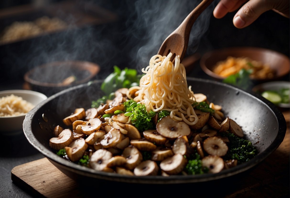 A monkey head mushroom is being sliced and stir-fried in a wok with garlic, ginger, and soy sauce, creating a savory Chinese dish