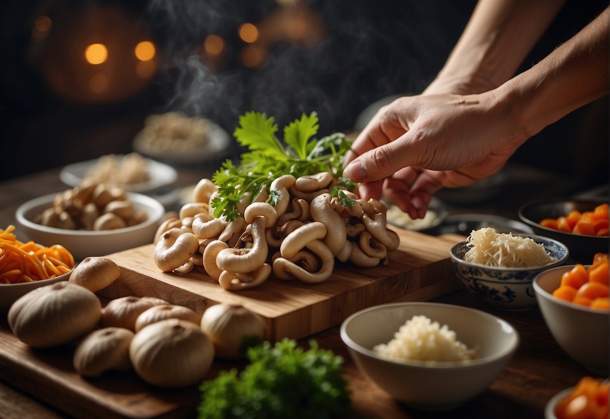 A hand reaches for monkey head mushrooms and other ingredients for a Chinese recipe