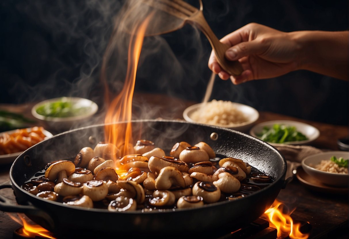 A hand pours soy sauce over sliced monkey head mushrooms in a sizzling wok, adding a burst of umami flavor to the Chinese dish