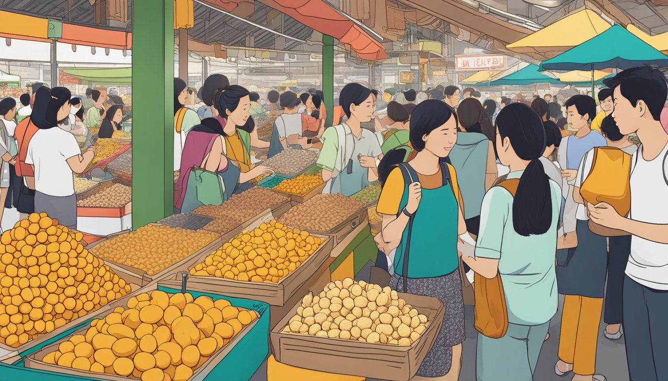 A colorful display of Irvin's Salted Egg snacks in a bustling Singapore market, with eager customers sampling and purchasing the popular local delicacy