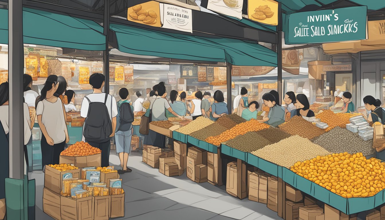 A busy market stall displays various packages of Irvin's Salted Egg Snacks, with a sign indicating "Where to Buy Irvin's Salted Egg Snacks" in Singapore