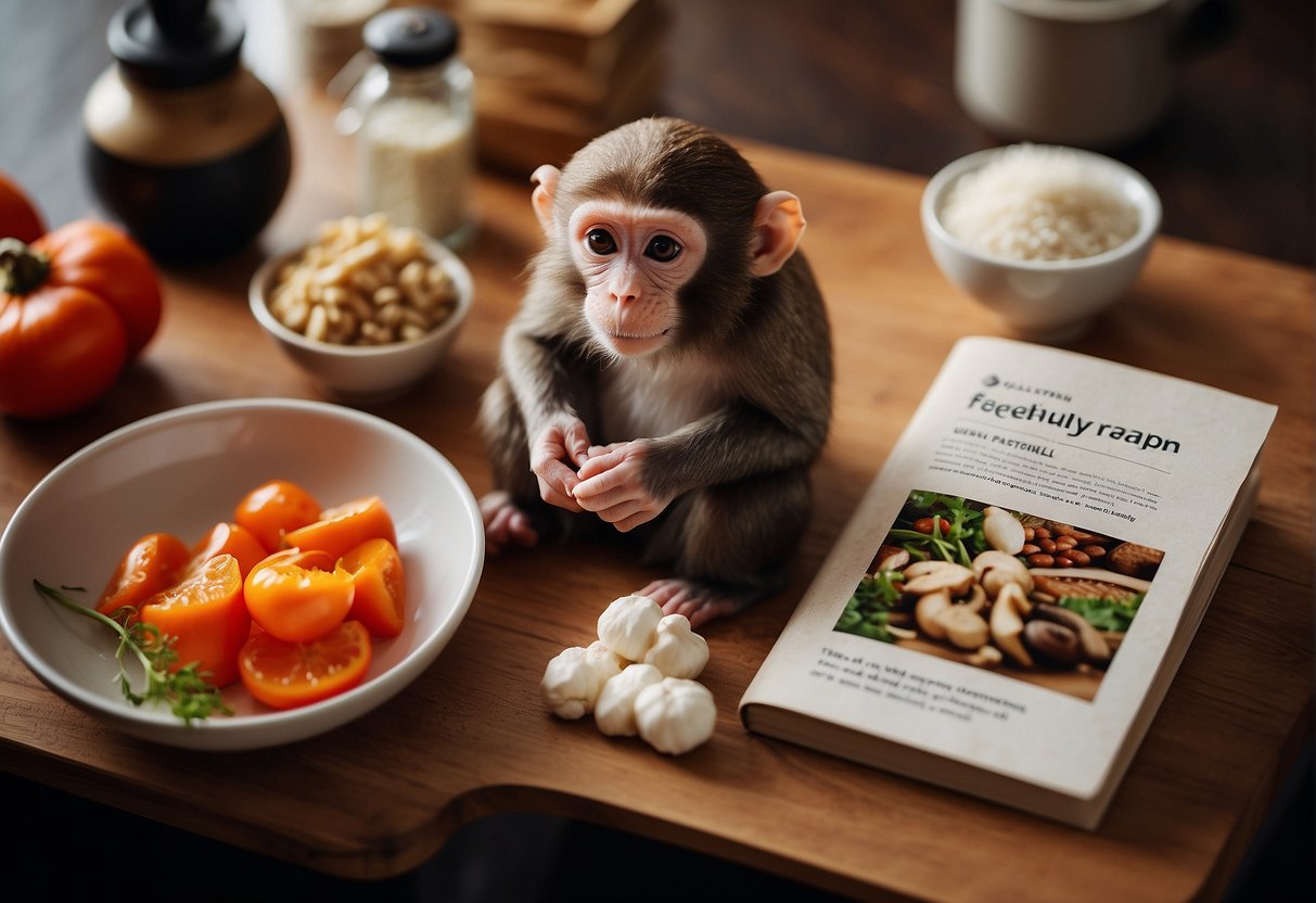A monkey head mushroom sits on a cutting board next to Chinese cooking ingredients, with a recipe book open to the "Frequently Asked Questions" section